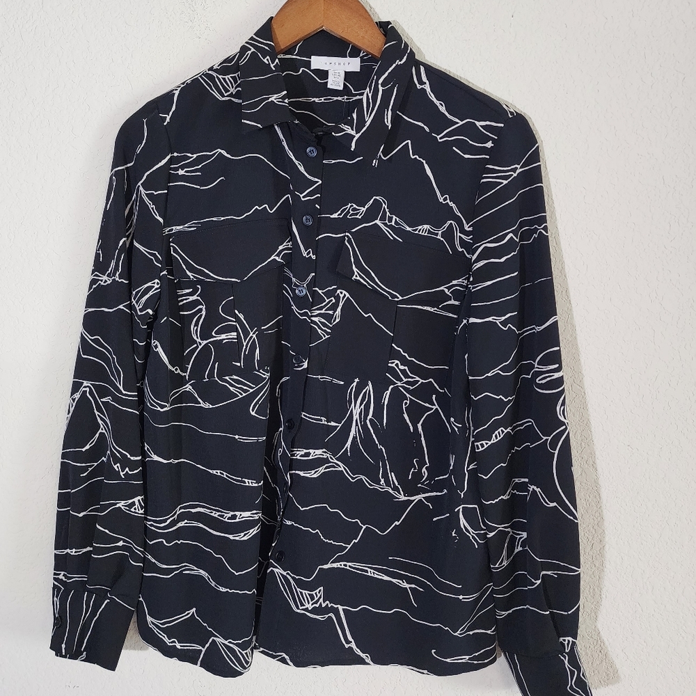 New‎ Topshop Button Down Shirt Black Abstract Line Pattern Blouse Size 8 Sku39